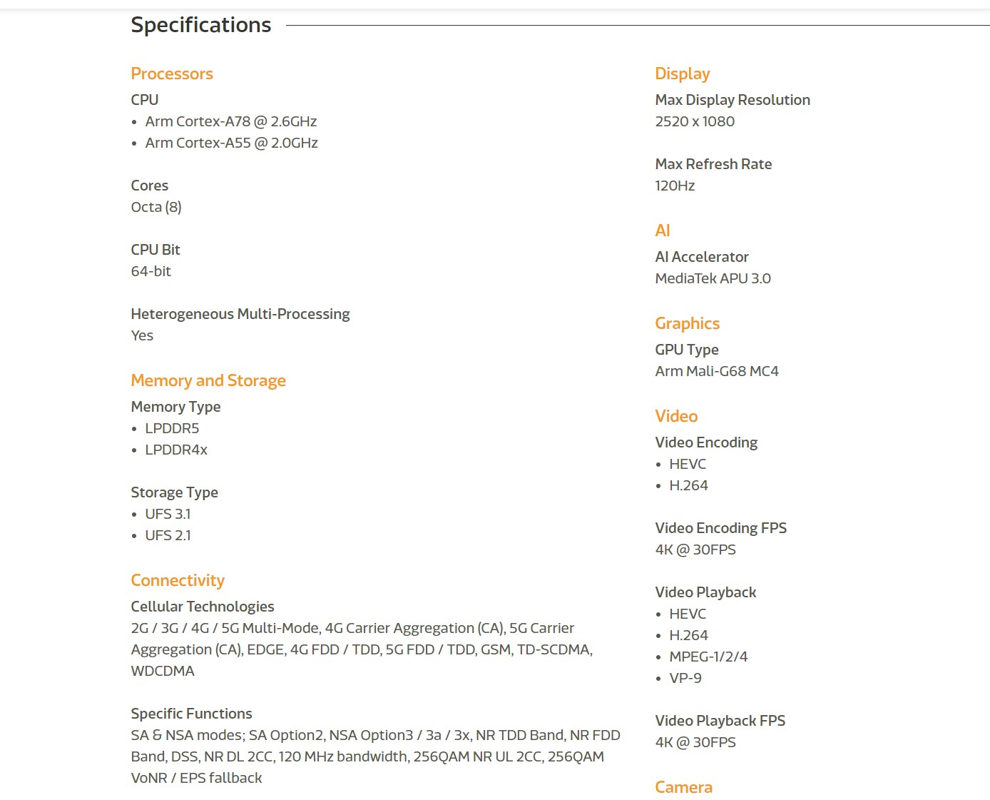 MediaTek Dimensity 7050 özellikleri